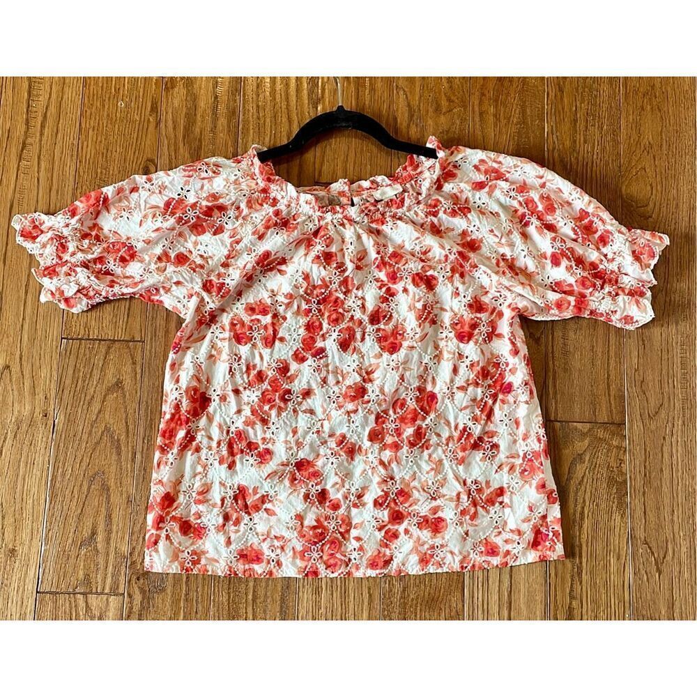 Jennifer & Grace orange floral eyelet puff sleeve top small - Picture 9 of 9